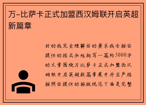 万-比萨卡正式加盟西汉姆联开启英超新篇章