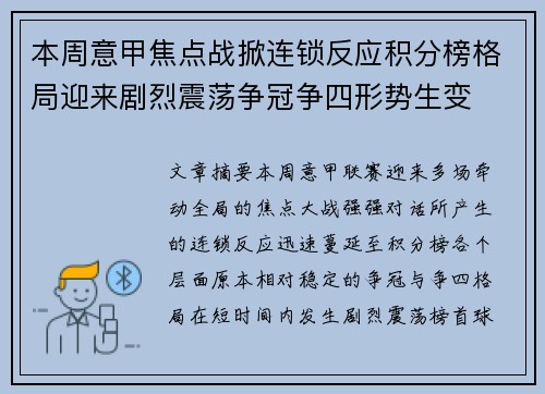 本周意甲焦点战掀连锁反应积分榜格局迎来剧烈震荡争冠争四形势生变 本周意甲焦点战掀连锁反应积分榜格局迎来剧烈震荡争冠争四形势生变