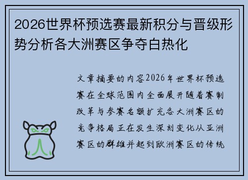 2026世界杯预选赛最新积分与晋级形势分析各大洲赛区争夺白热化 2026世界杯预选赛最新积分与晋级形势分析各大洲赛区争夺白热化